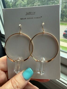 Gold Hoop Earrings with Clear Quartz Pendants